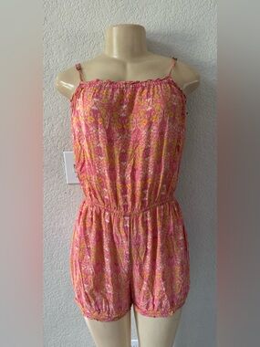 Forever 21 Pink and Yellow Printed Romper summer beach boho y2k sexy
